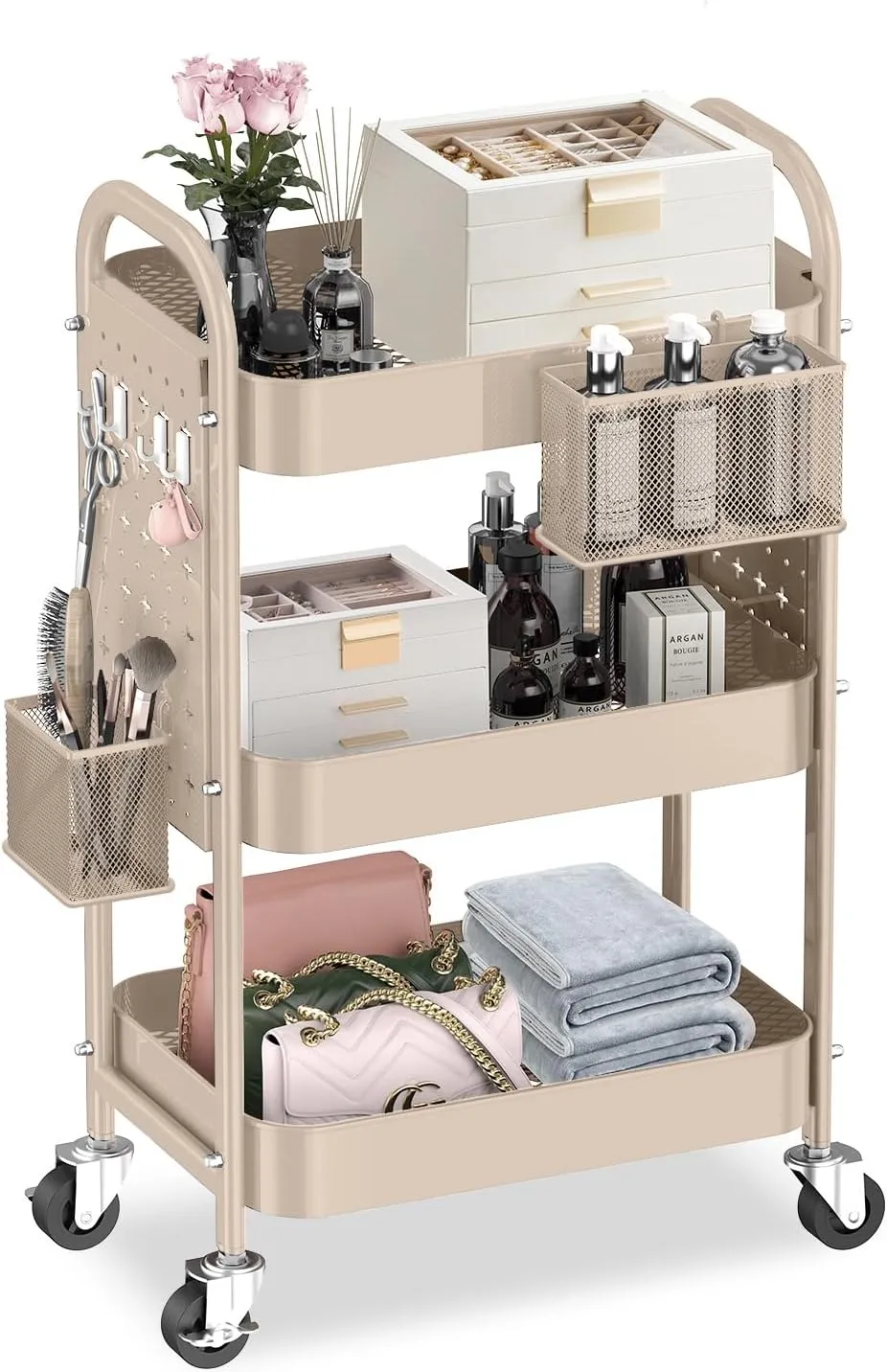 ALVOROG 3 Tier Rolling Cart with DIY Pegboards Metal Utility Cart with Wheels Handles Baskets Hooks, Craft Cart for Office Kitchen Bathroom(Khaki)
