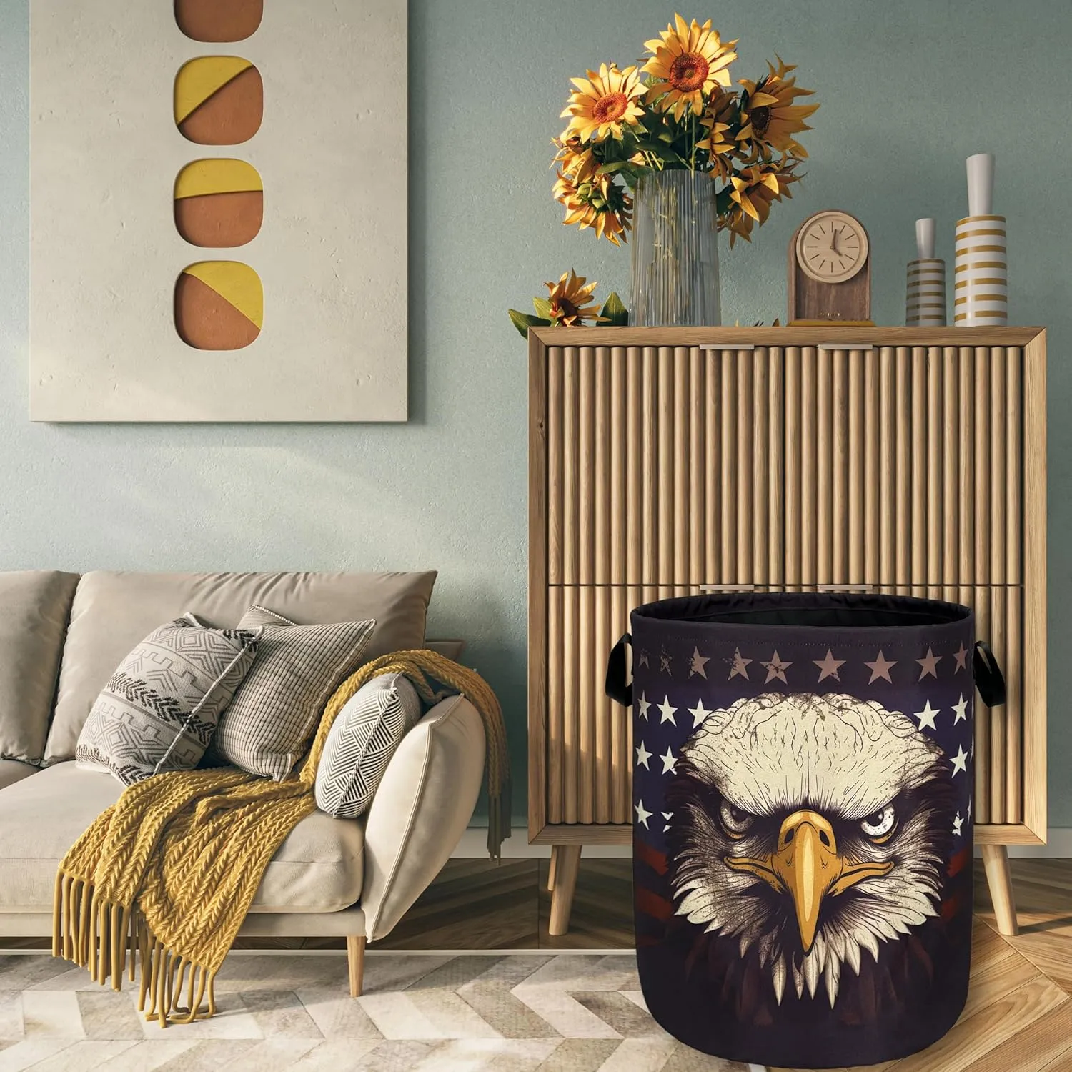 American Flag Eagle Laundry Basket Foldable With Handles Patriotic Tote Bag Oxford Cloth Funny Laundry Hamper Clothes Storage Bucket Toy Organizer For Bathroom/Laundry/Bedroom 18.9"x16.5 "