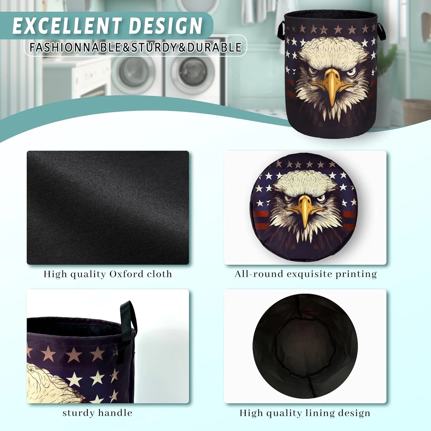 American Flag Eagle Laundry Basket Foldable With Handles Patriotic Tote Bag Oxford Cloth Funny Laundry Hamper Clothes Storage Bucket Toy Organizer For Bathroom/Laundry/Bedroom 18.9"x16.5 "