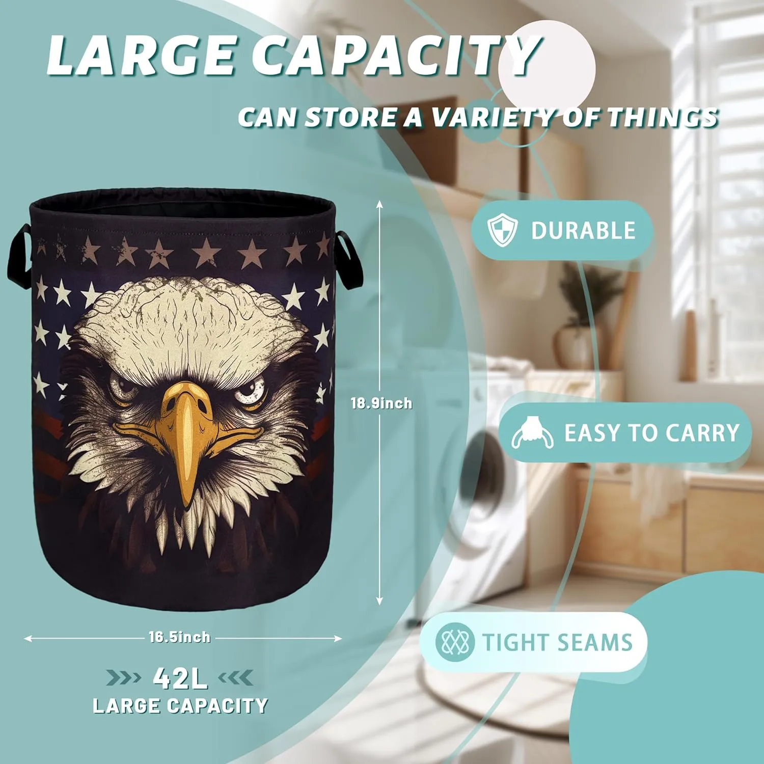 American Flag Eagle Laundry Basket Foldable With Handles Patriotic Tote Bag Oxford Cloth Funny Laundry Hamper Clothes Storage Bucket Toy Organizer For Bathroom/Laundry/Bedroom 18.9"x16.5 "