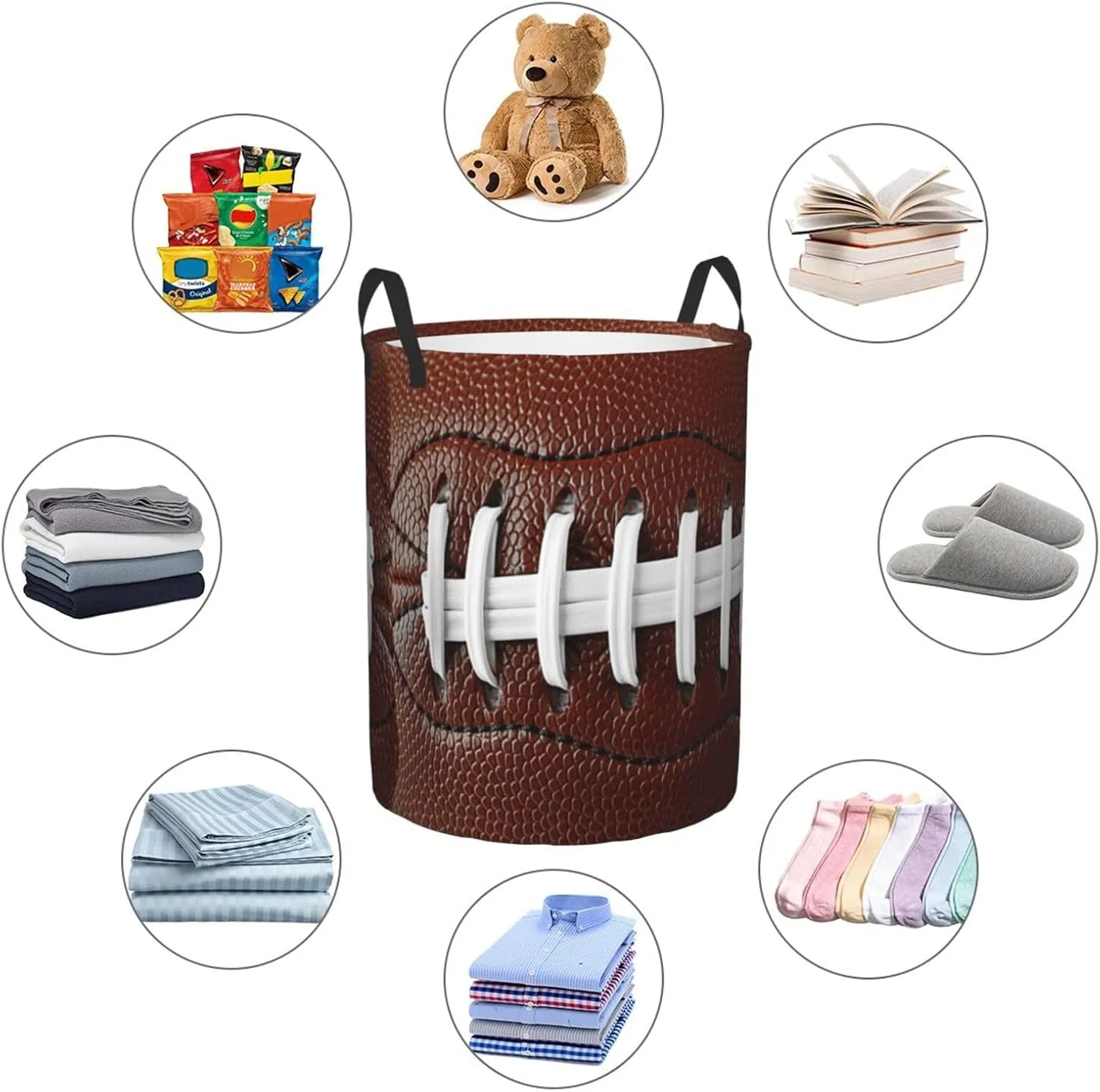 American Football Sport Laundry Basket Waterproof Oxford Fabric Foldable Laundry Hamper Circular Toy Storage Organizer Dirty Clothes Basket for Bedroom Bathroom College Dorm Living Room Nursery