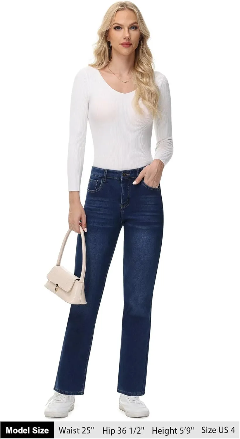 AMRSPENG Women's Fleece Lined Jeans Women Straight Leg Jeans Winter High Waisted Fleece Lined Denim Pants