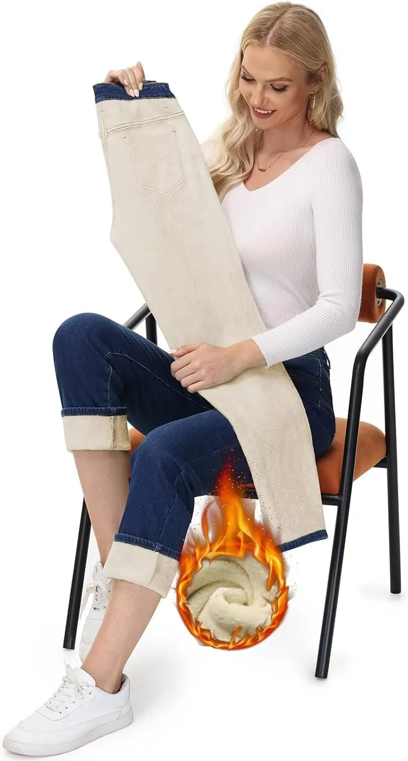 AMRSPENG Women's Fleece Lined Jeans Women Straight Leg Jeans Winter High Waisted Fleece Lined Denim Pants