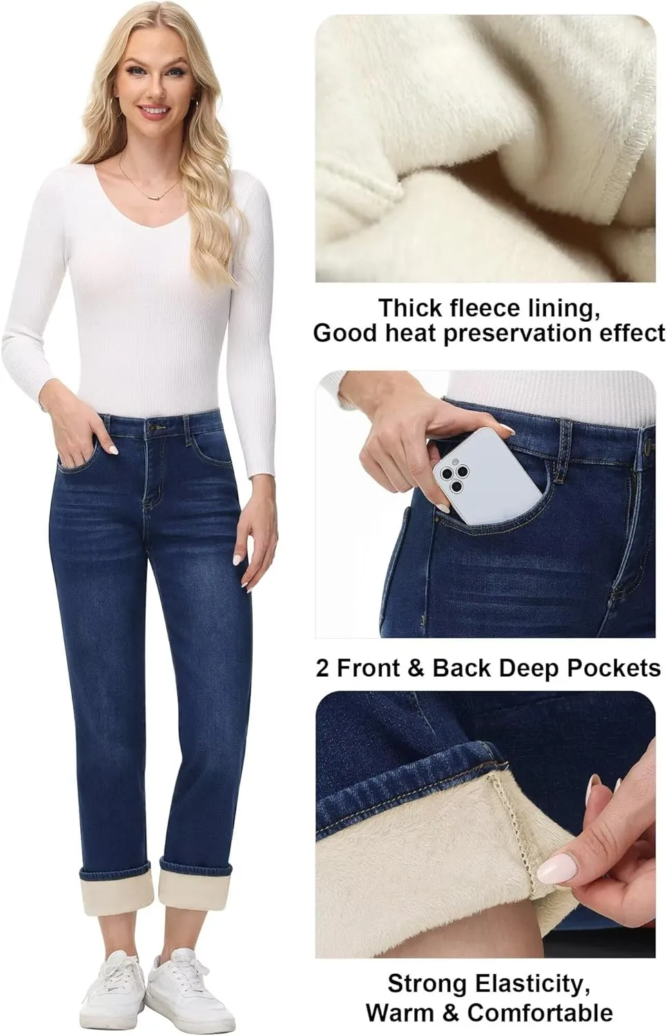 AMRSPENG Women's Fleece Lined Jeans Women Straight Leg Jeans Winter High Waisted Fleece Lined Denim Pants