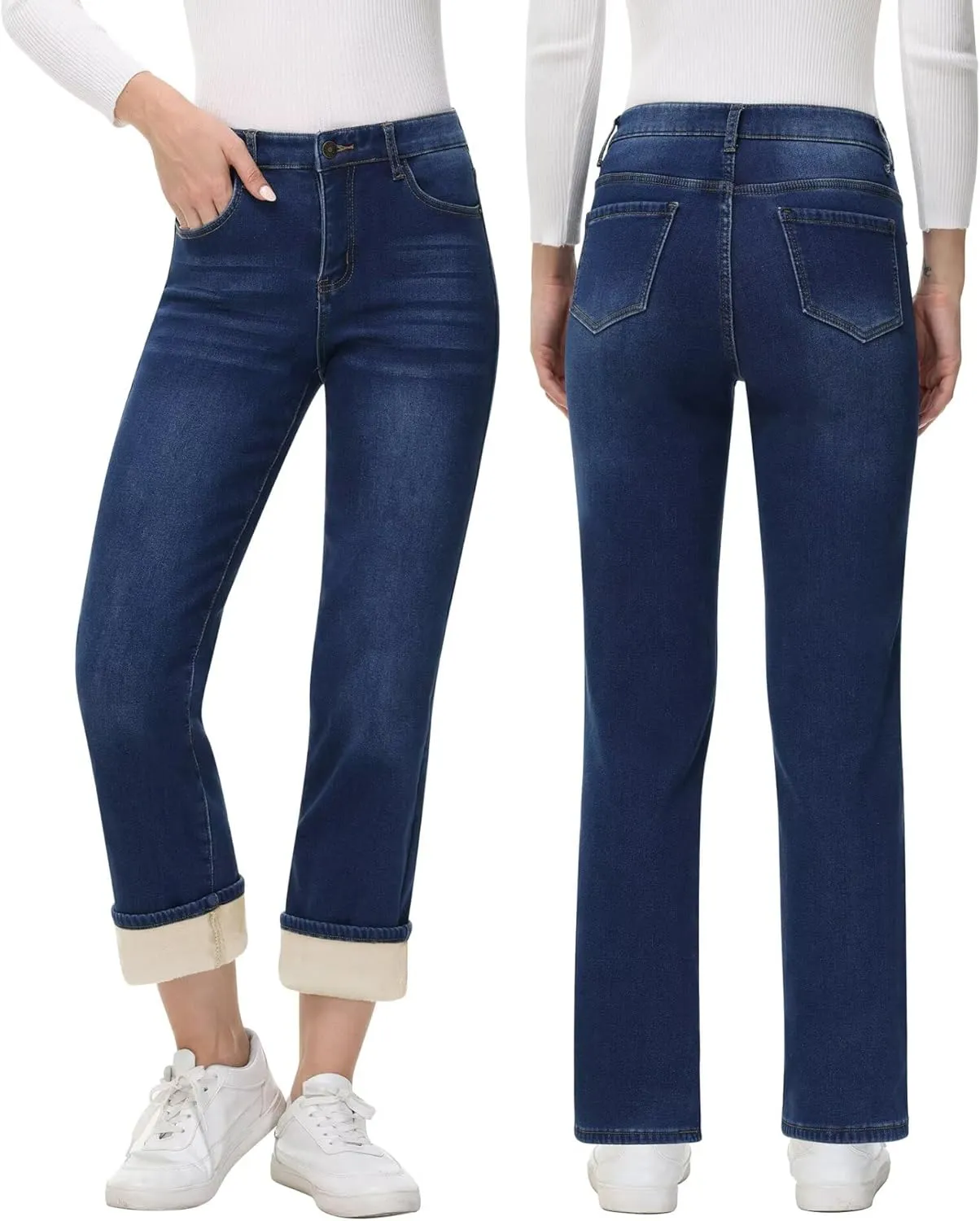 AMRSPENG Women's Fleece Lined Jeans Women Straight Leg Jeans Winter High Waisted Fleece Lined Denim Pants