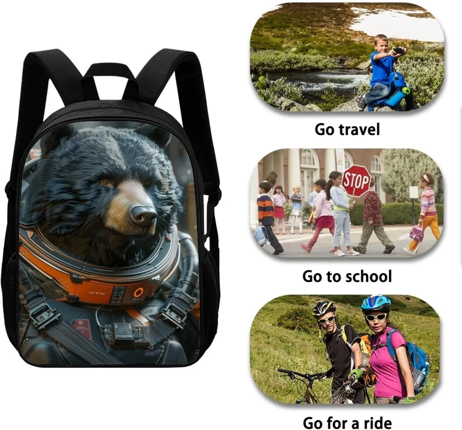 AmzPrint Astronaut Bear Animal Print Cute Backpack For Boys Girls Kids Elementary Middle School Commuter Bag 17 Inch Bookbag