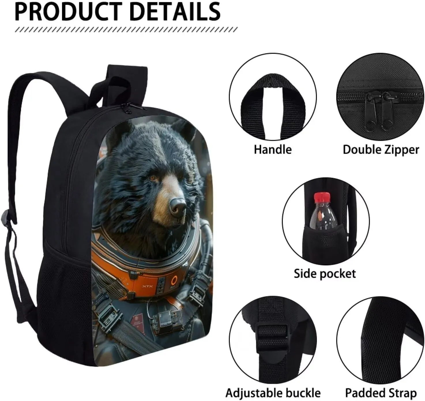 AmzPrint Astronaut Bear Animal Print Cute Backpack For Boys Girls Kids Elementary Middle School Commuter Bag 17 Inch Bookbag