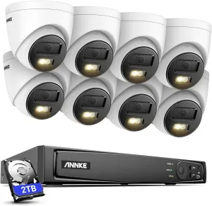 ANNKE PoE Security Camera System, 16CH 12MP 5-in-1 NVR Recorder, 8X 12MP Mega HD Smart Color Night Vision Built-in Mic Turret IP Wired Cams, 2.8mm Lens, AI Motion Detection, Work with Alexa, 2TB HDD