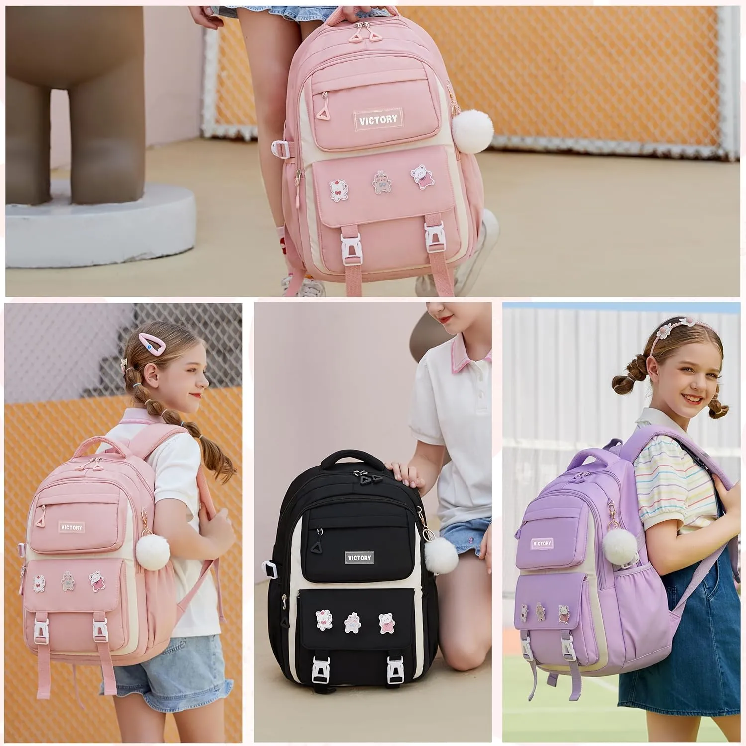 AO ALI VICTORY Backpack for Girls 3 PCS Cute School Backpacks Elementary Kids Book Bag with Lunch Box Pencil Case Set Laptop College Travel Back Pack Large Bookbags for Girl Teens Women Student Pink