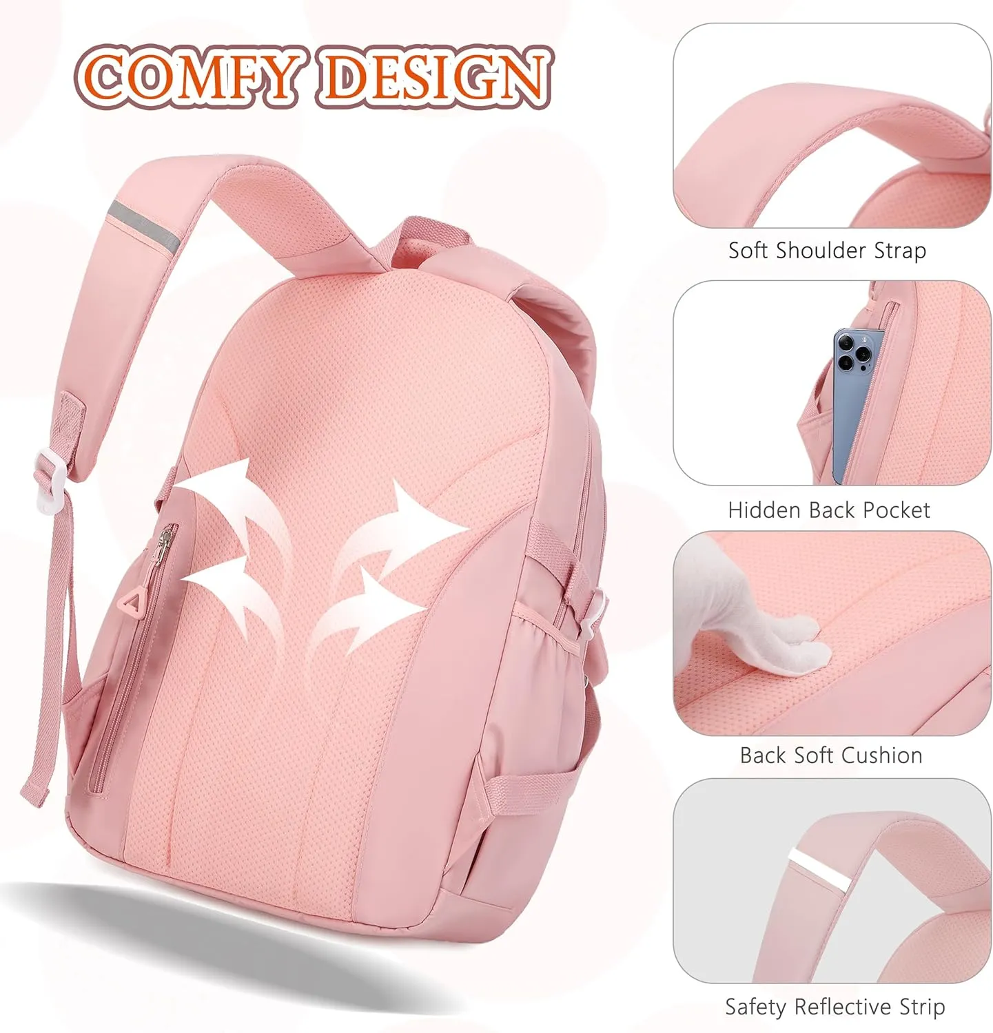 AO ALI VICTORY Backpack for Girls 3 PCS Cute School Backpacks Elementary Kids Book Bag with Lunch Box Pencil Case Set Laptop College Travel Back Pack Large Bookbags for Girl Teens Women Student Pink