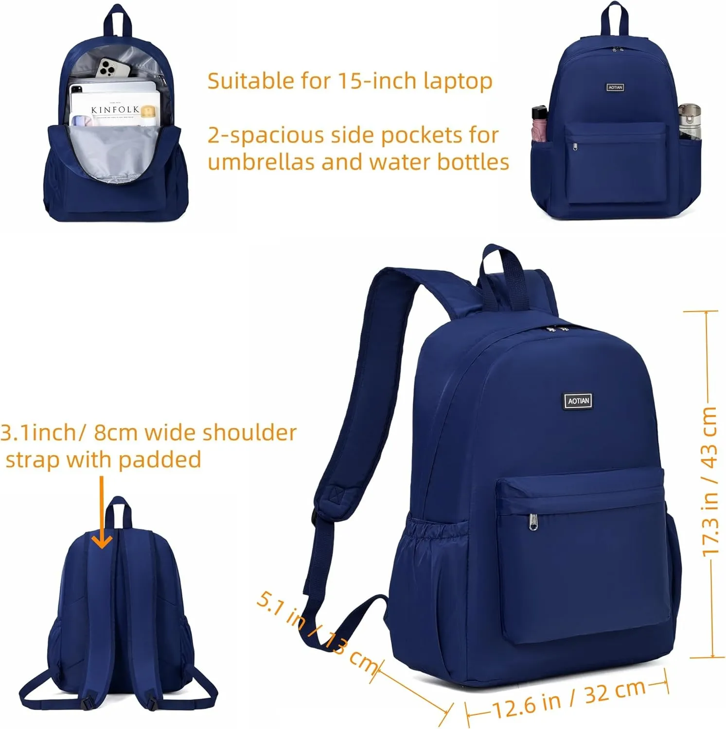 AOTIAN 17-Inch Water-Resistant Nylon Backpack, Durable Lightweight Bookbag, Daypack for College, Work, Travel & Hiking