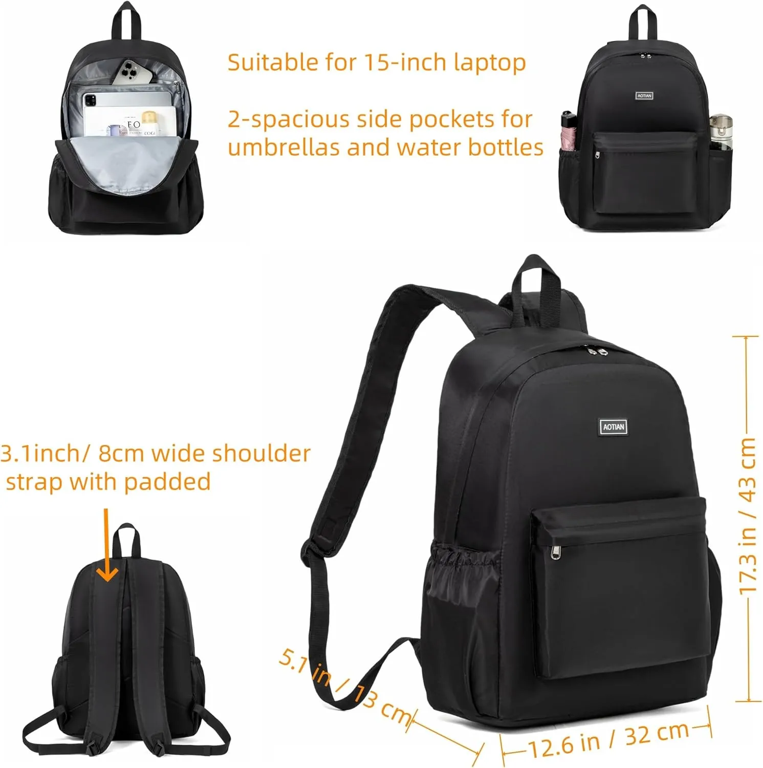 AOTIAN 17-Inch Water-Resistant Nylon Backpack, Durable Lightweight Bookbag, Daypack for College, Work, Travel & Hiking