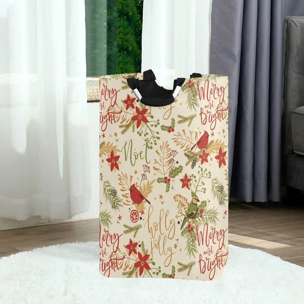 Aslsiy Christmas Plants Birds Laundry Basket Laundry Hamper with Handles Clothes Bucket Bin Dirty Baskets Toy Storage for Home Bathroom 50L