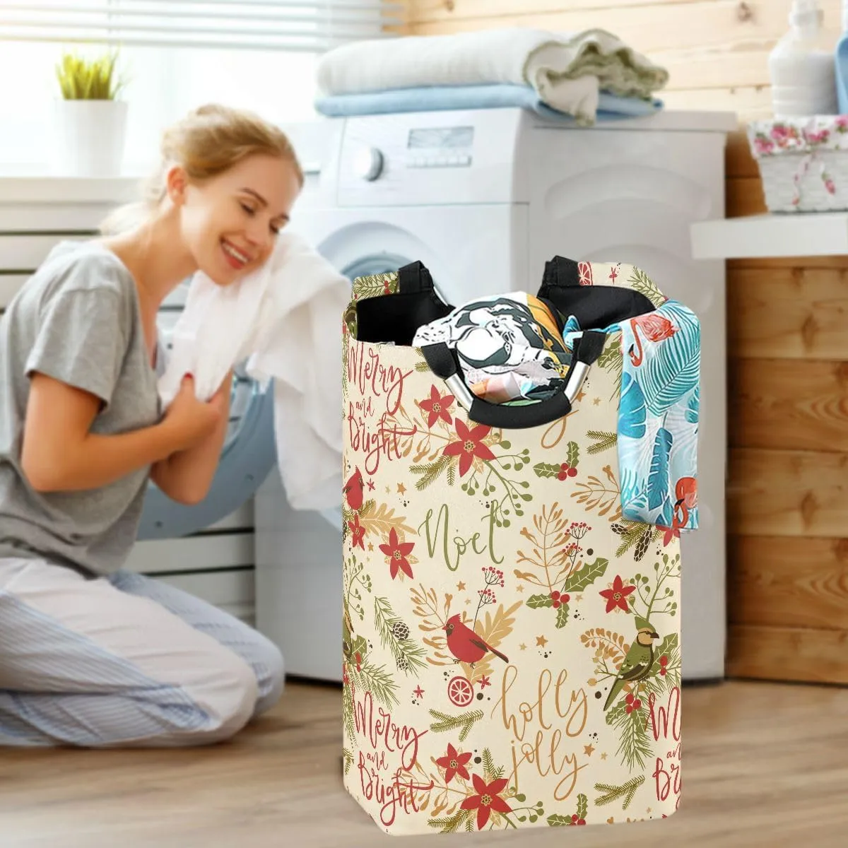 Aslsiy Christmas Plants Birds Laundry Basket Laundry Hamper with Handles Clothes Bucket Bin Dirty Baskets Toy Storage for Home Bathroom 50L