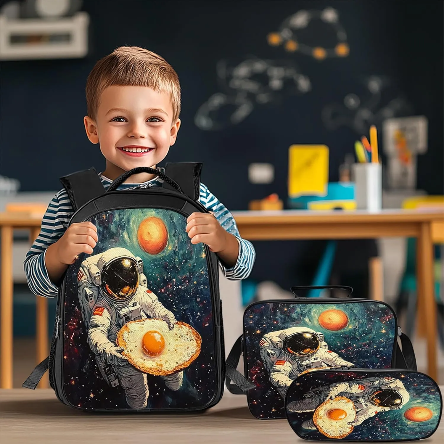 Astronaut Backpack 3 PCS Set for Boys Girls Kids, Fun Space School Bag with Lunch Box Pencil Case, Large Capacity for Elementary Middle School