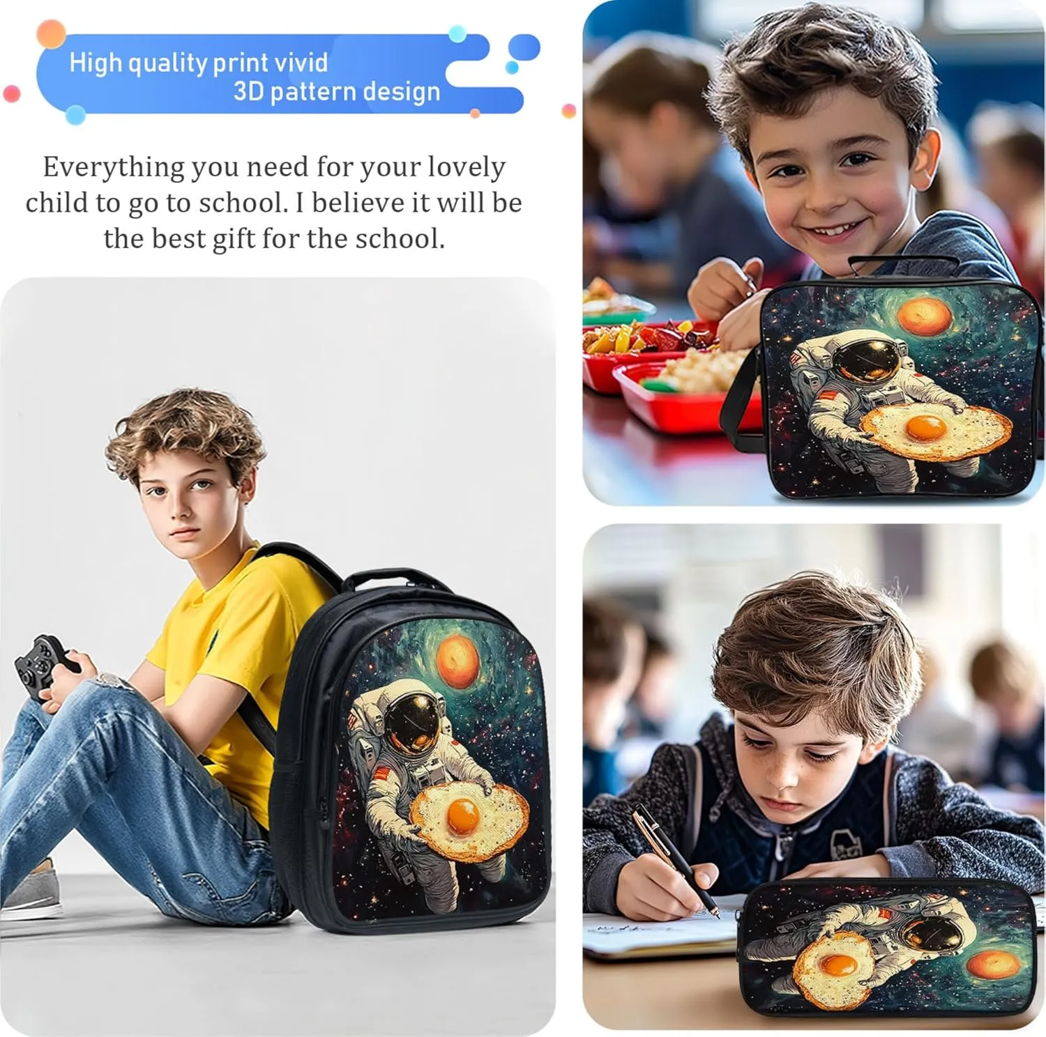 Astronaut Backpack 3 PCS Set for Boys Girls Kids, Fun Space School Bag with Lunch Box Pencil Case, Large Capacity for Elementary Middle School