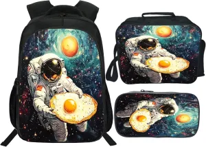 Astronaut Backpack 3 PCS Set for Boys Girls Kids, Fun Space School Bag with Lunch Box Pencil Case, Large Capacity for Elementary Middle School