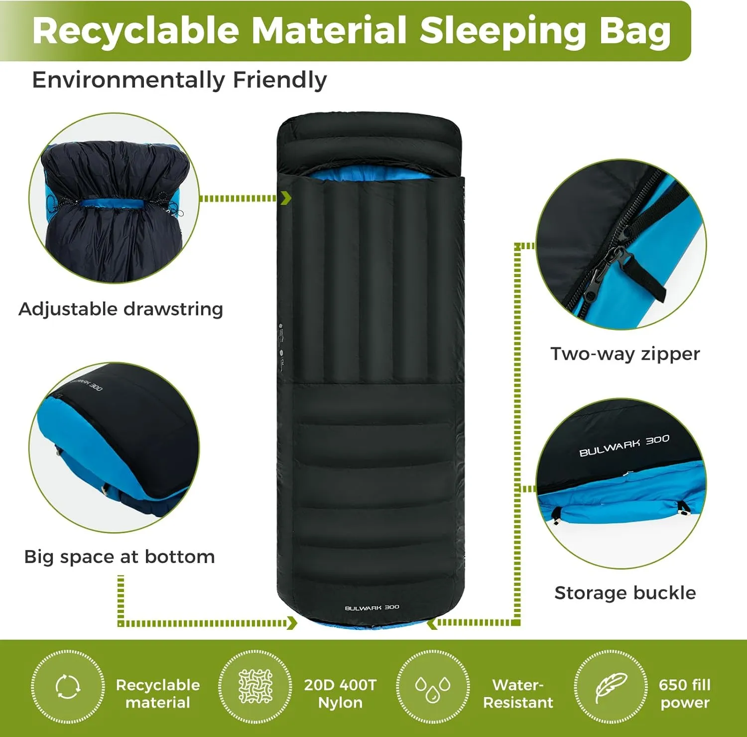 ATEPA Down Sleeping Bag, Recycled 650FP 0 Degree 40 Degree 4 Season Summer & Winter Compact Rectangle Lightweight Waterproof Wearable Sleeping Bag with Compression Sack for Camping Backpacking Hiking
