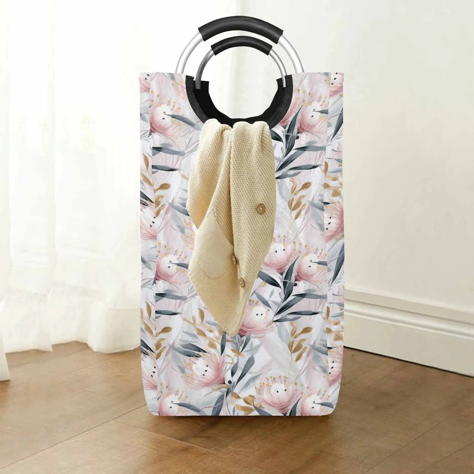 Australian Floral Pink & Grey  Square Laundry Basket