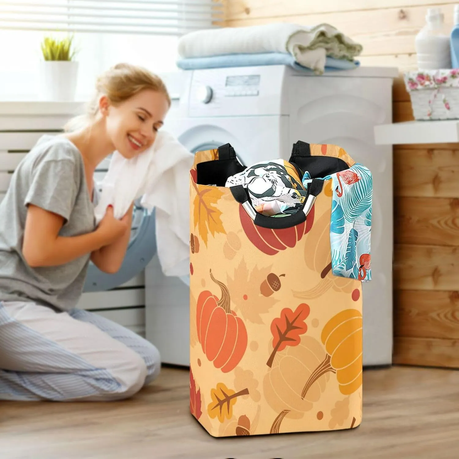 Autumn Maple Oak Leaves Large Laundry Baskets Washing Hamper Bag Acorns Pumpkins Dirty Clothes Storage Bin Toy book Clothing Holder With Handles For Home Bathroom Bedroom 50L