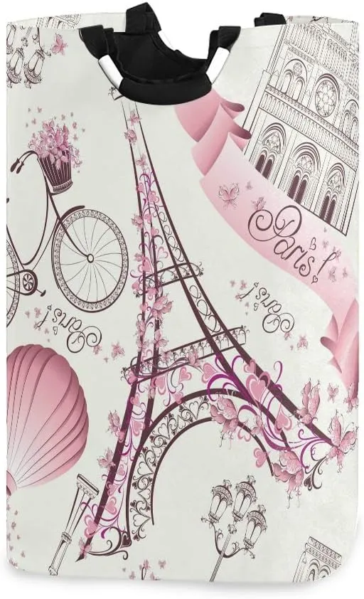 AUUXVA Laundry Hamper, Bicycle Paris Eiffel Tower Flower Laundry Basket Washing Clothes Hamper Collapsible Storage Bin Foldable Shopping Bag Toy Book Holder