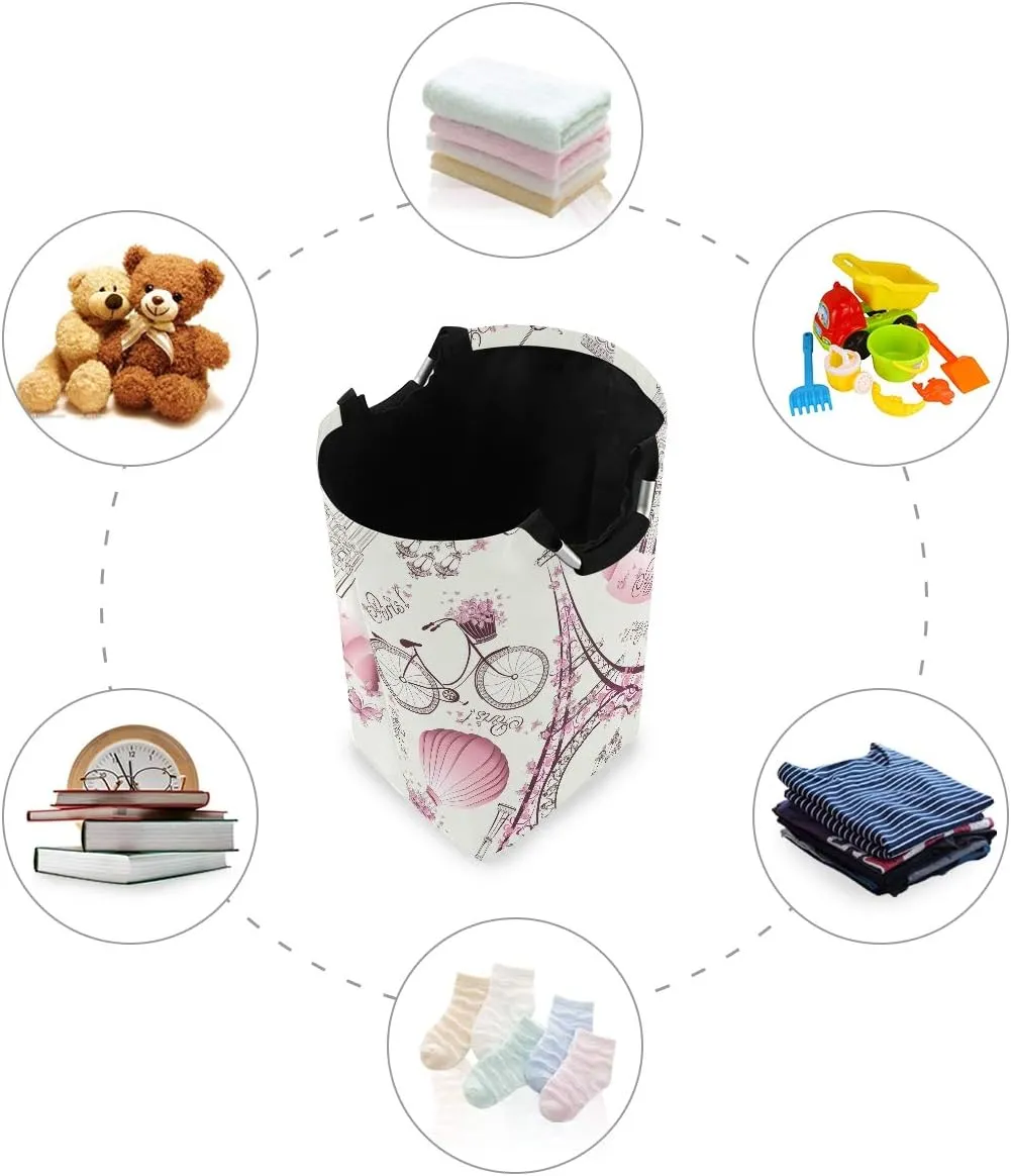 AUUXVA Laundry Hamper, Bicycle Paris Eiffel Tower Flower Laundry Basket Washing Clothes Hamper Collapsible Storage Bin Foldable Shopping Bag Toy Book Holder