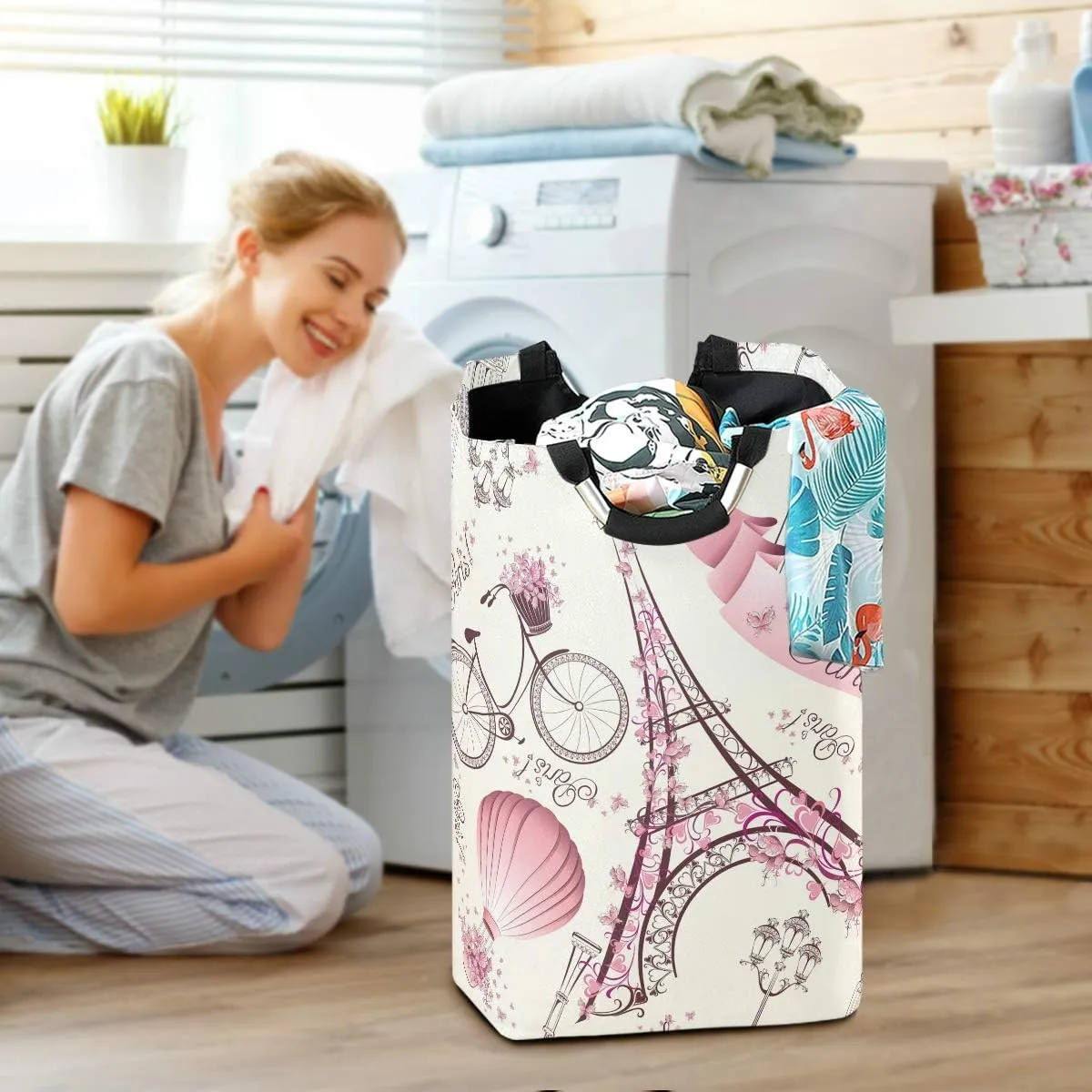 AUUXVA Laundry Hamper, Bicycle Paris Eiffel Tower Flower Laundry Basket Washing Clothes Hamper Collapsible Storage Bin Foldable Shopping Bag Toy Book Holder