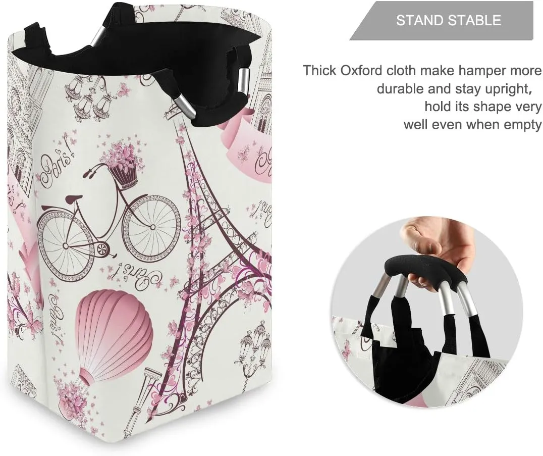 AUUXVA Laundry Hamper, Bicycle Paris Eiffel Tower Flower Laundry Basket Washing Clothes Hamper Collapsible Storage Bin Foldable Shopping Bag Toy Book Holder