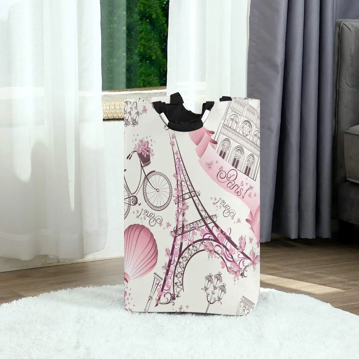 AUUXVA Laundry Hamper, Bicycle Paris Eiffel Tower Flower Laundry Basket Washing Clothes Hamper Collapsible Storage Bin Foldable Shopping Bag Toy Book Holder
