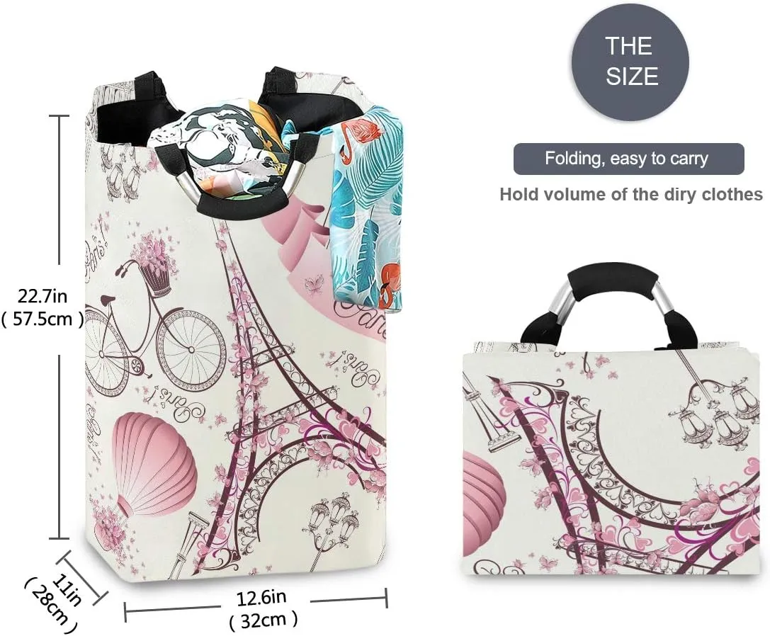 AUUXVA Laundry Hamper, Bicycle Paris Eiffel Tower Flower Laundry Basket Washing Clothes Hamper Collapsible Storage Bin Foldable Shopping Bag Toy Book Holder