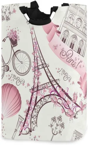 AUUXVA Laundry Hamper, Bicycle Paris Eiffel Tower Flower Laundry Basket Washing Clothes Hamper Collapsible Storage Bin Foldable Shopping Bag Toy Book Holder