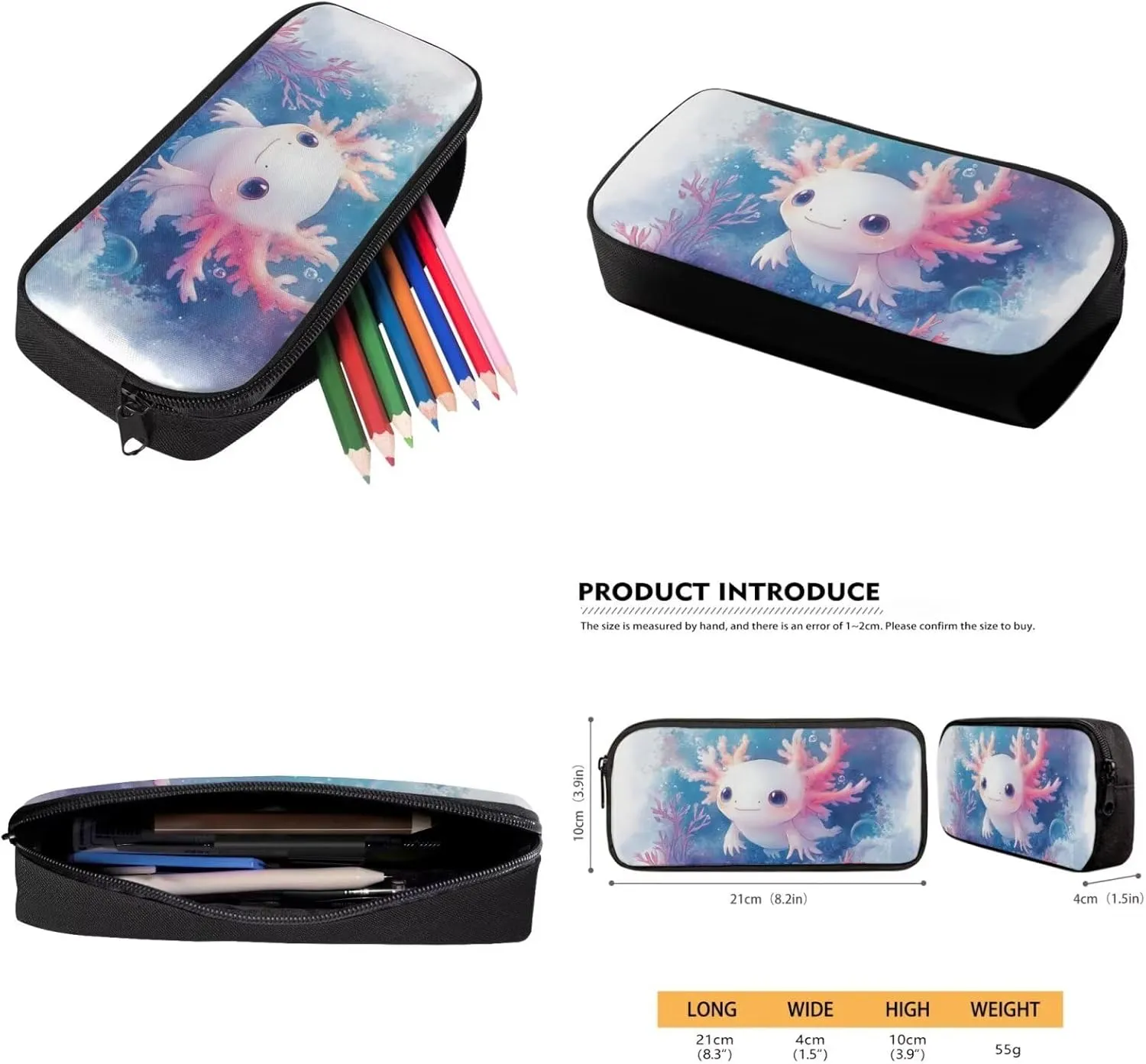 Axolotl Backpack and Lunch Box Set Salamander Bookabg for Girls 8-12 Elementary School Bags Set of 4 Kids Lunch Bag Pencil Box Middle School Book Bags 6th Grade Girls Lunch Handbag
