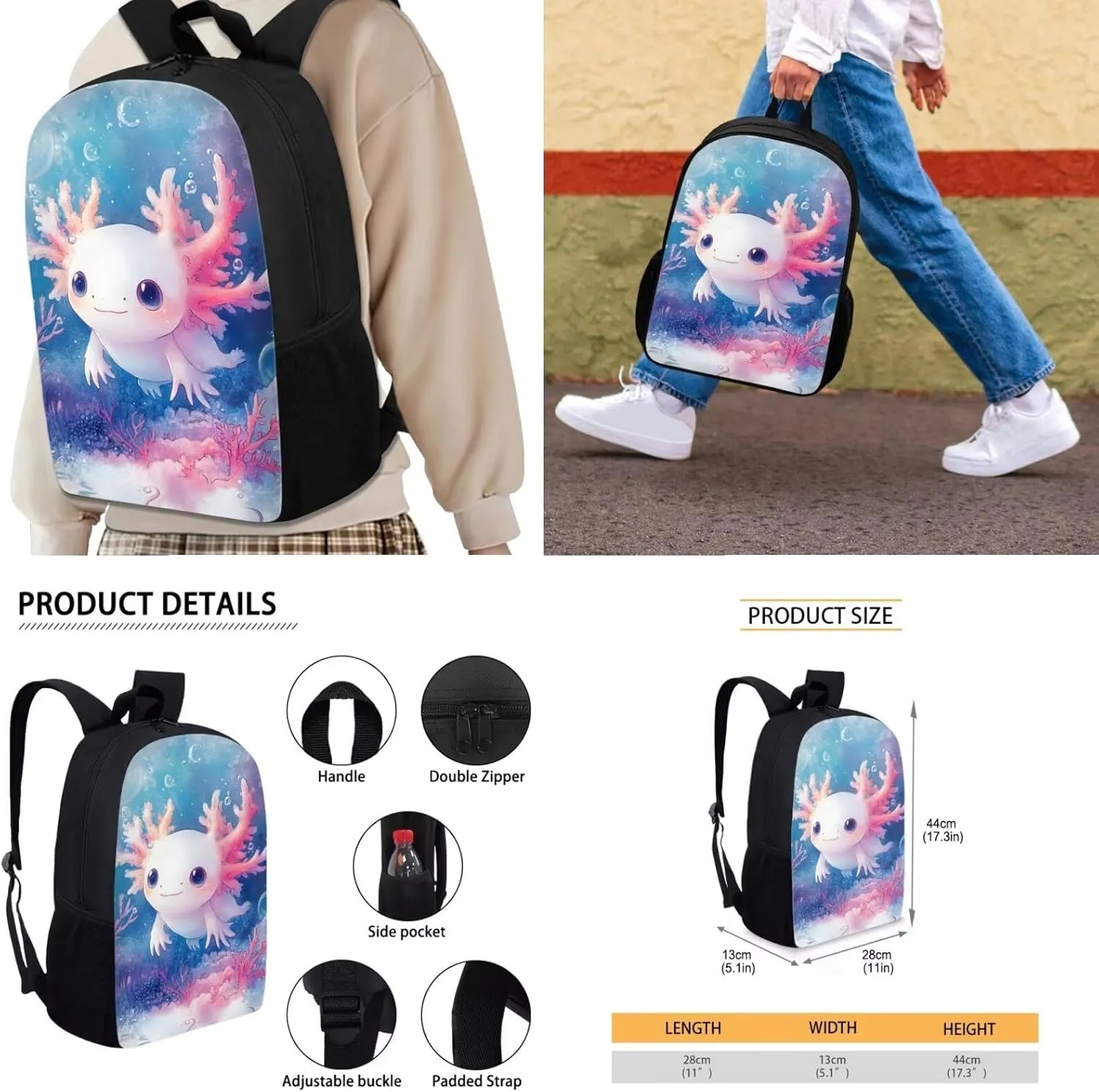 Axolotl Backpack and Lunch Box Set Salamander Bookabg for Girls 8-12 Elementary School Bags Set of 4 Kids Lunch Bag Pencil Box Middle School Book Bags 6th Grade Girls Lunch Handbag