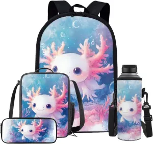 Axolotl Backpack and Lunch Box Set Salamander Bookabg for Girls 8-12 Elementary School Bags Set of 4 Kids Lunch Bag Pencil Box Middle School Book Bags 6th Grade Girls Lunch Handbag