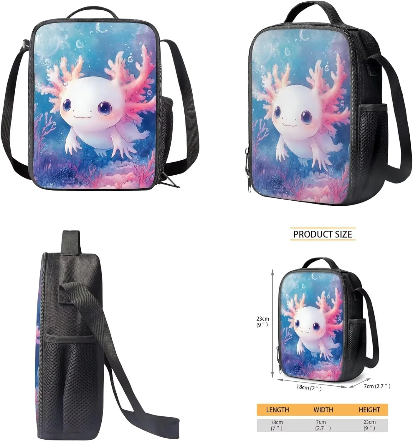 Axolotl Backpack and Lunch Box Set Salamander Bookabg for Girls 8-12 Elementary School Bags Set of 4 Kids Lunch Bag Pencil Box Middle School Book Bags 6th Grade Girls Lunch Handbag