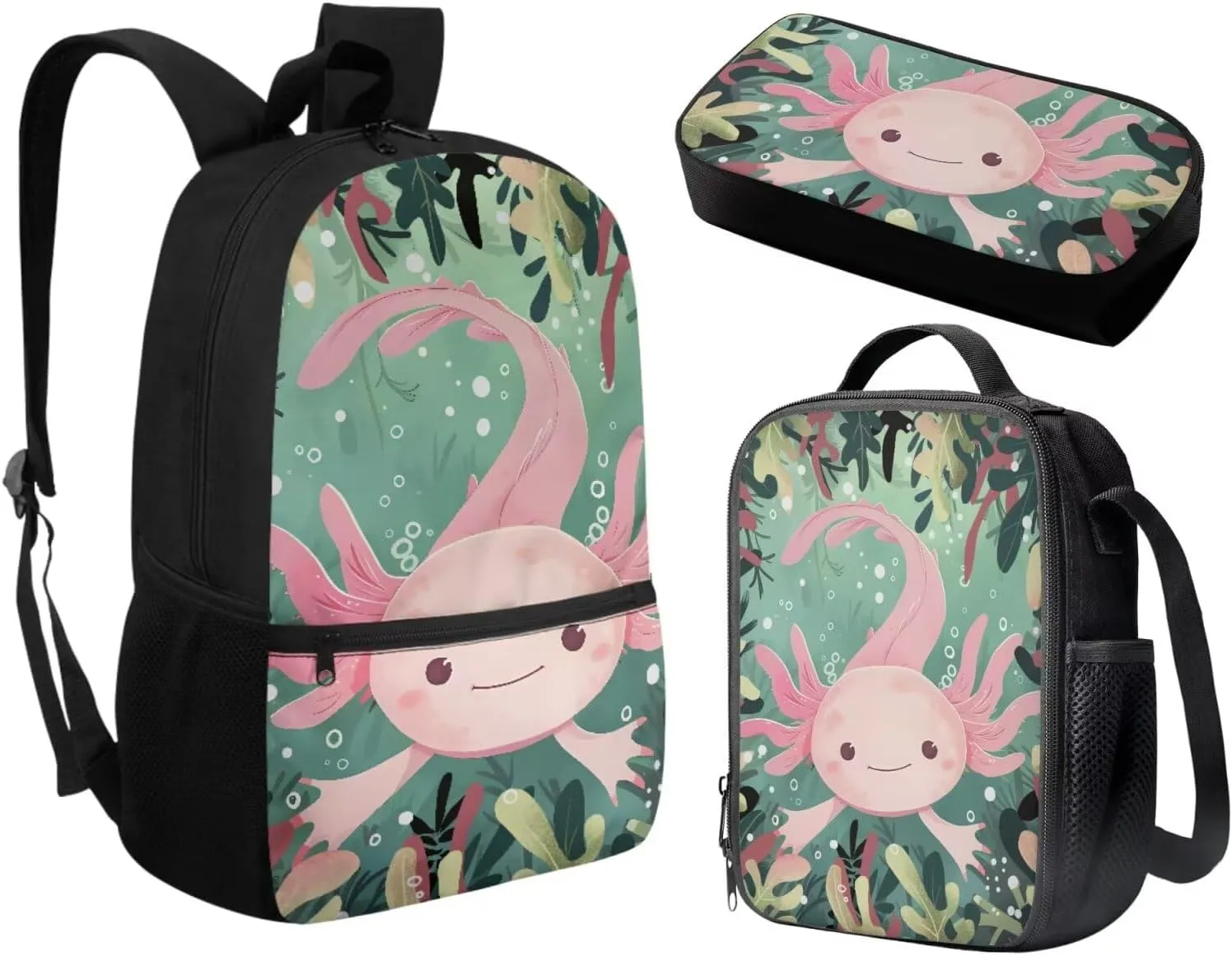 Axolotl Backpack for Girls with Lunch Box 3rd Grade School Bag and Lunch Bag Pencil Case Cute Primary School Bookbag Lunchbox Pencil Case for Kids Age 8-10 10-12