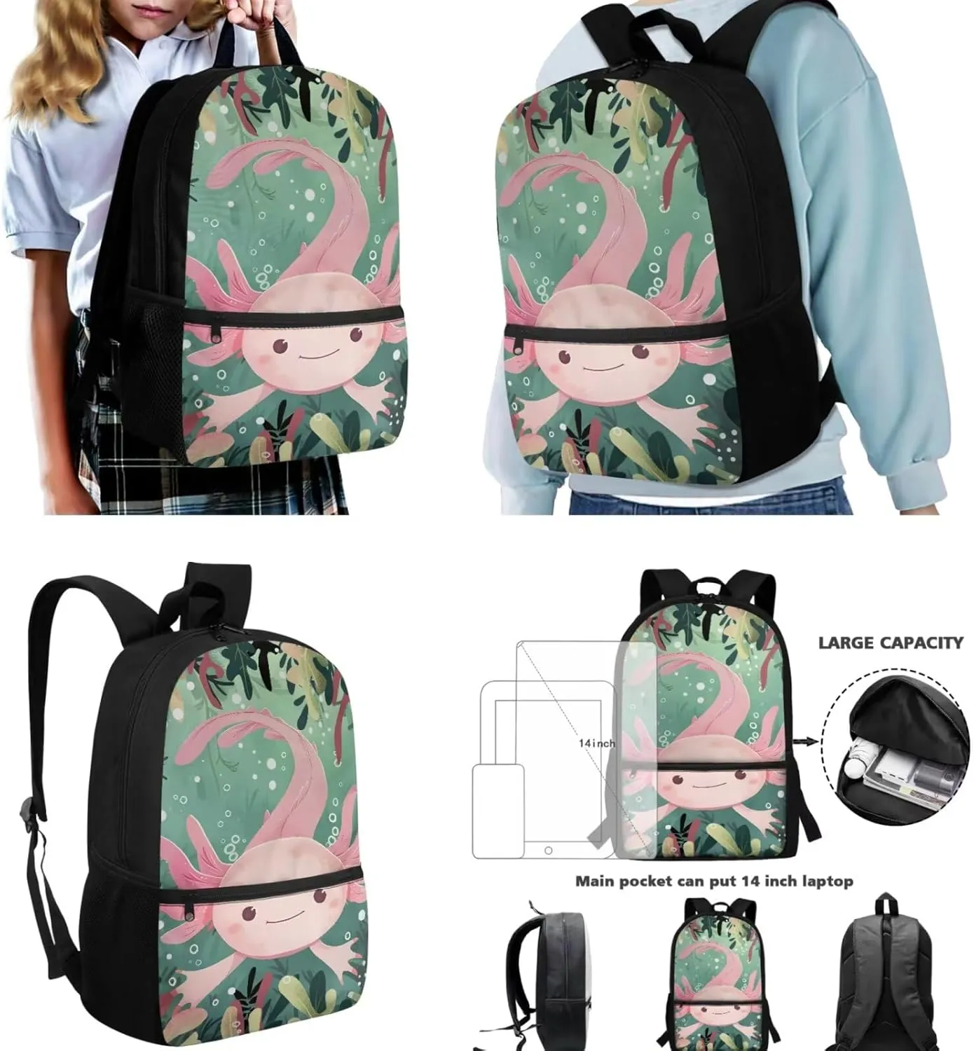 Axolotl Backpack for Girls with Lunch Box 3rd Grade School Bag and Lunch Bag Pencil Case Cute Primary School Bookbag Lunchbox Pencil Case for Kids Age 8-10 10-12