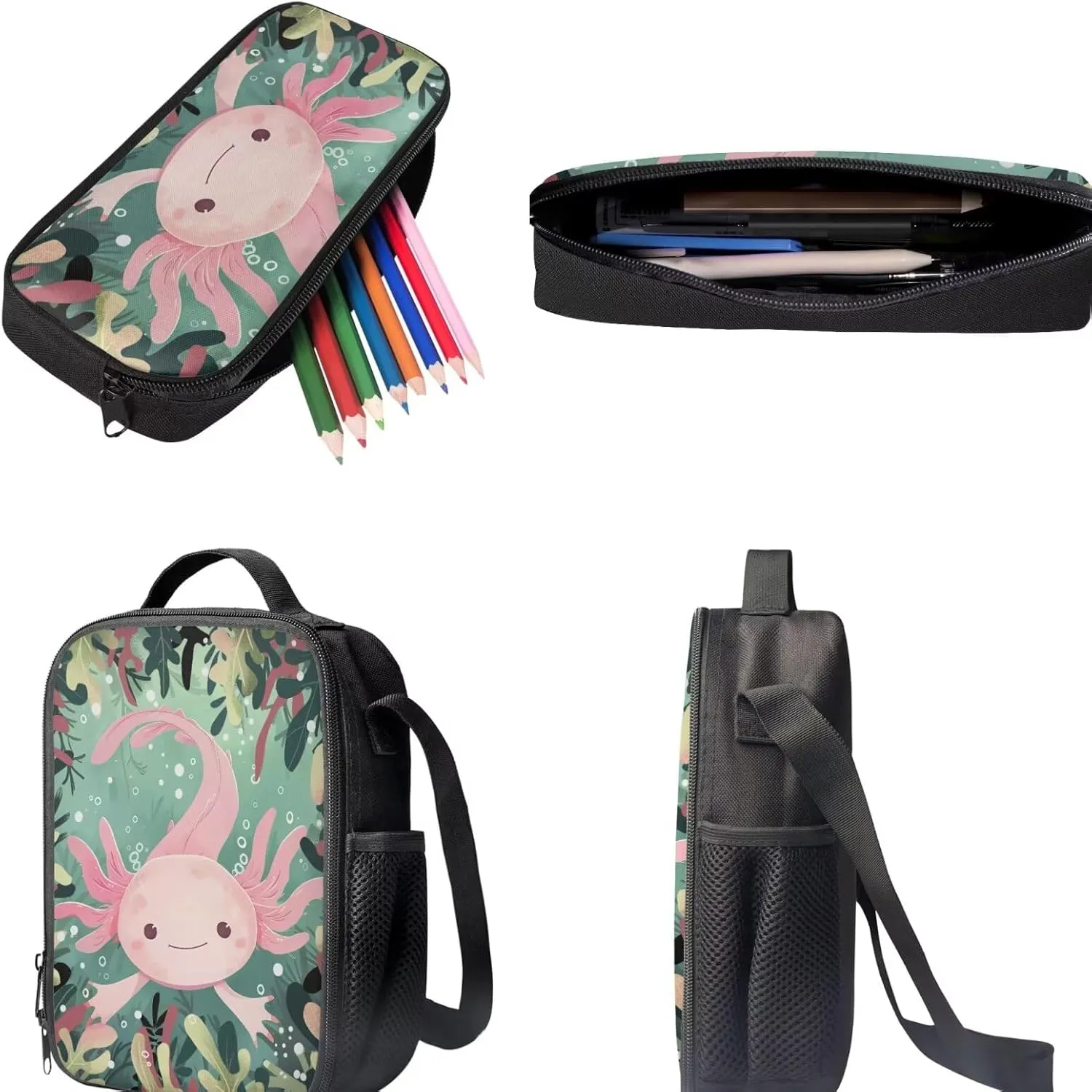 Axolotl Backpack for Girls with Lunch Box 3rd Grade School Bag and Lunch Bag Pencil Case Cute Primary School Bookbag Lunchbox Pencil Case for Kids Age 8-10 10-12