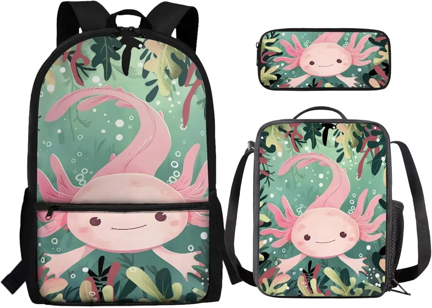 Axolotl Backpack for Girls with Lunch Box 3rd Grade School Bag and Lunch Bag Pencil Case Cute Primary School Bookbag Lunchbox Pencil Case for Kids Age 8-10 10-12