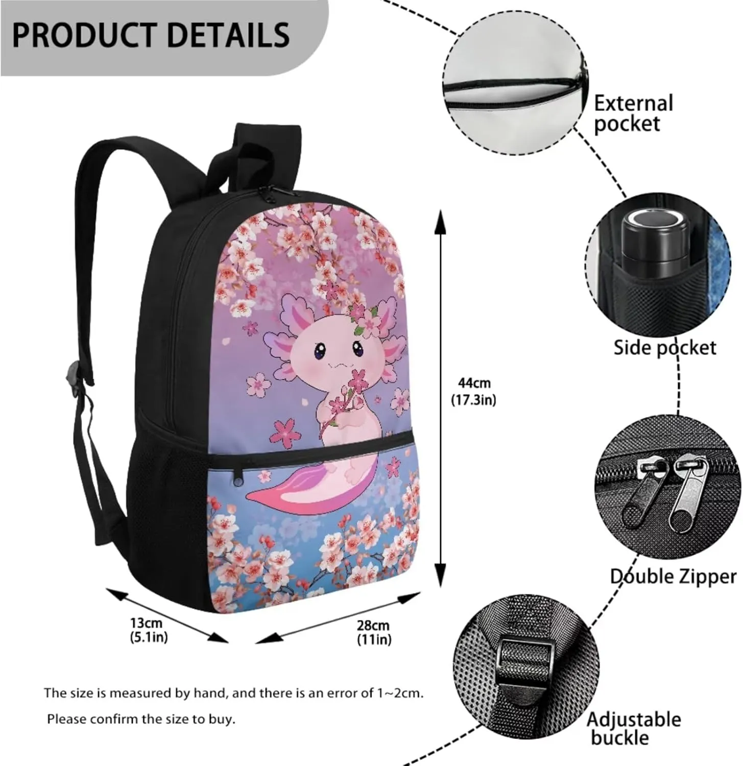 Axolotl Backpack for School Girls 7th Grade 3-in-1 Schoolbag Set with Lunch Box Pencil Case 12-14 Kids Middle School Large Book Bags Student Hiking Camping Backpacks Daypack