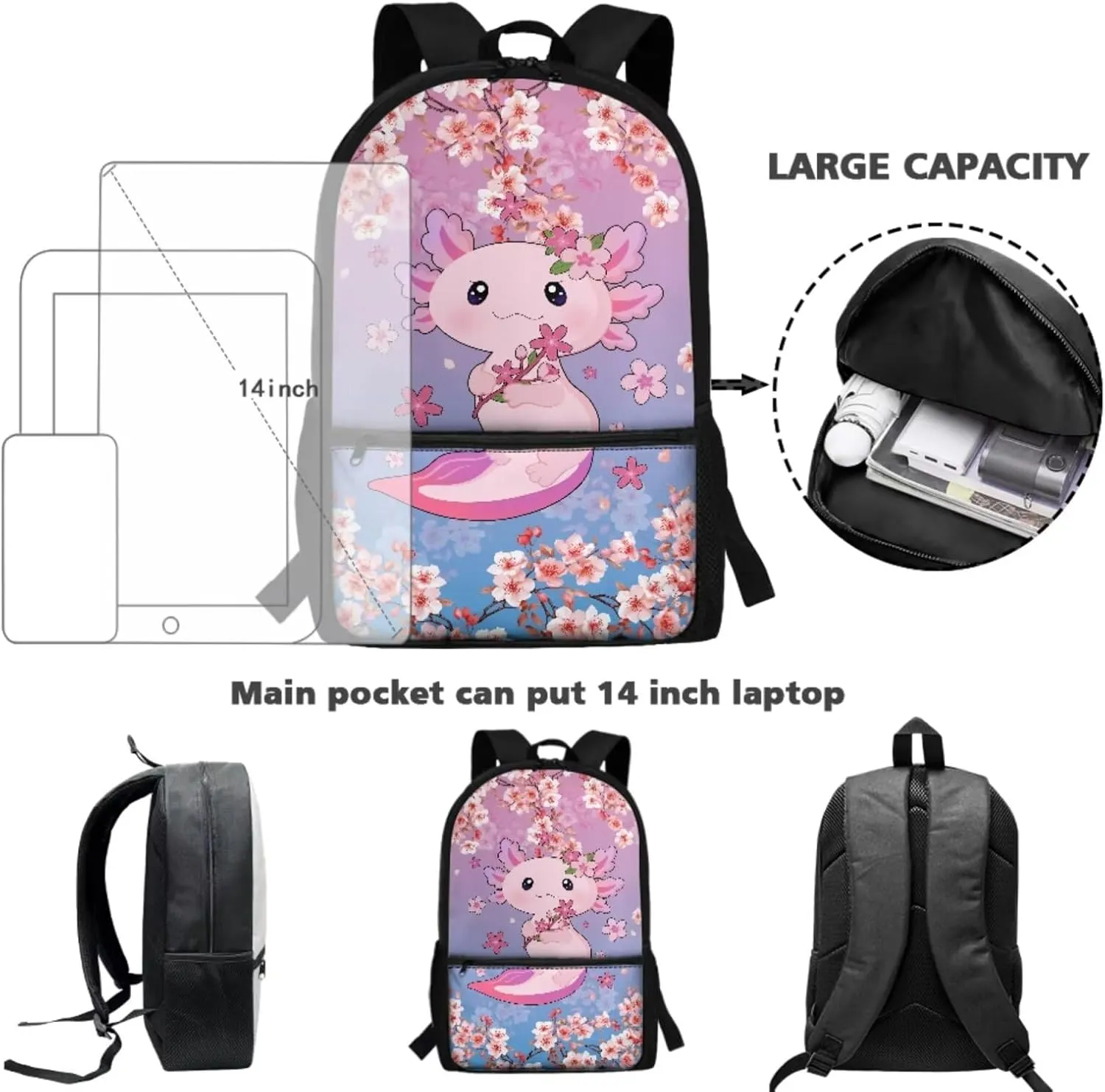 Axolotl Backpack for School Girls 7th Grade 3-in-1 Schoolbag Set with Lunch Box Pencil Case 12-14 Kids Middle School Large Book Bags Student Hiking Camping Backpacks Daypack