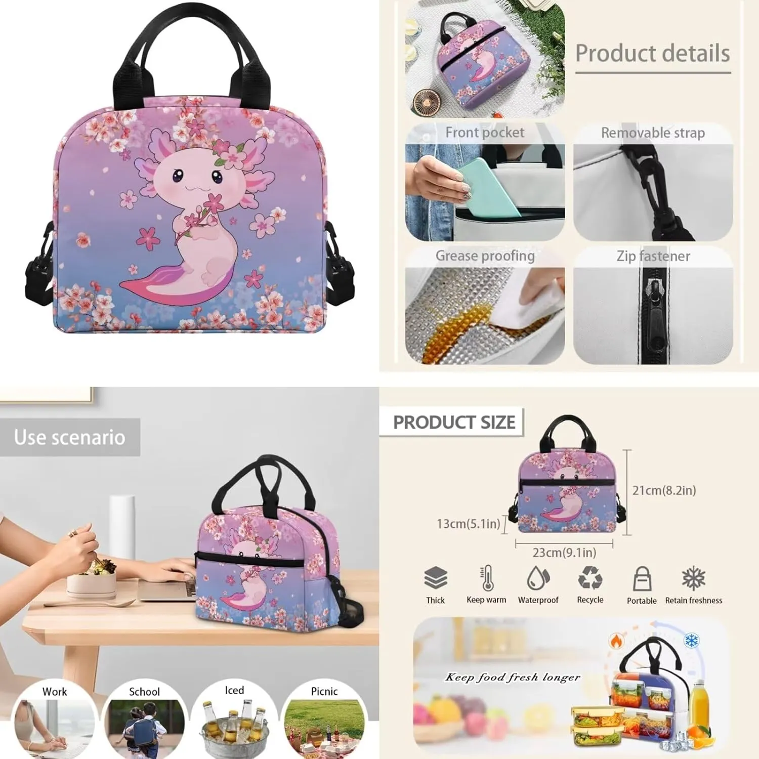 Axolotl Backpack for School Girls 7th Grade 3-in-1 Schoolbag Set with Lunch Box Pencil Case 12-14 Kids Middle School Large Book Bags Student Hiking Camping Backpacks Daypack
