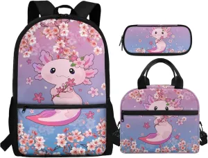 Axolotl Backpack for School Girls 7th Grade 3-in-1 Schoolbag Set with Lunch Box Pencil Case 12-14 Kids Middle School Large Book Bags Student Hiking Camping Backpacks Daypack