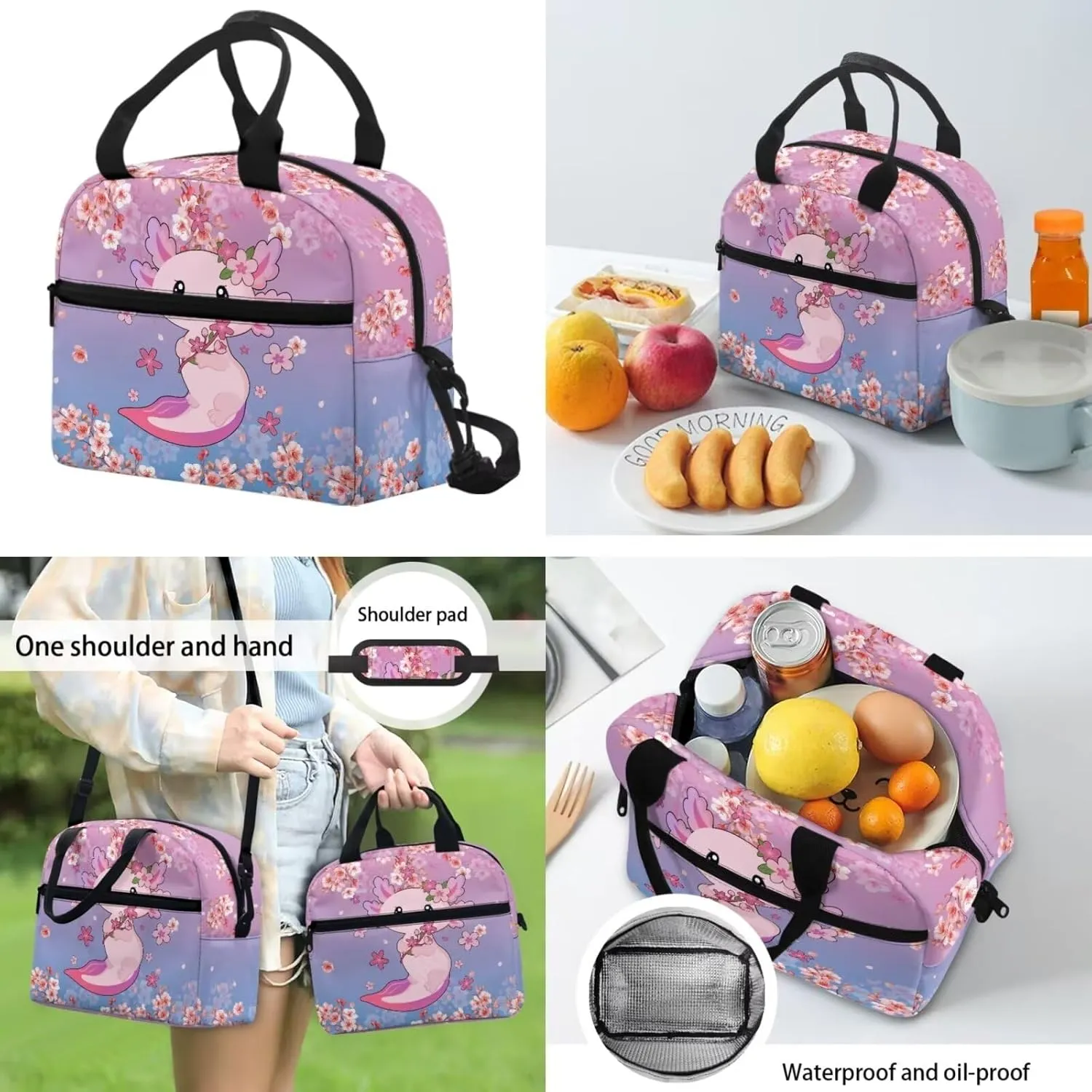 Axolotl Backpack for School Girls 7th Grade 3-in-1 Schoolbag Set with Lunch Box Pencil Case 12-14 Kids Middle School Large Book Bags Student Hiking Camping Backpacks Daypack