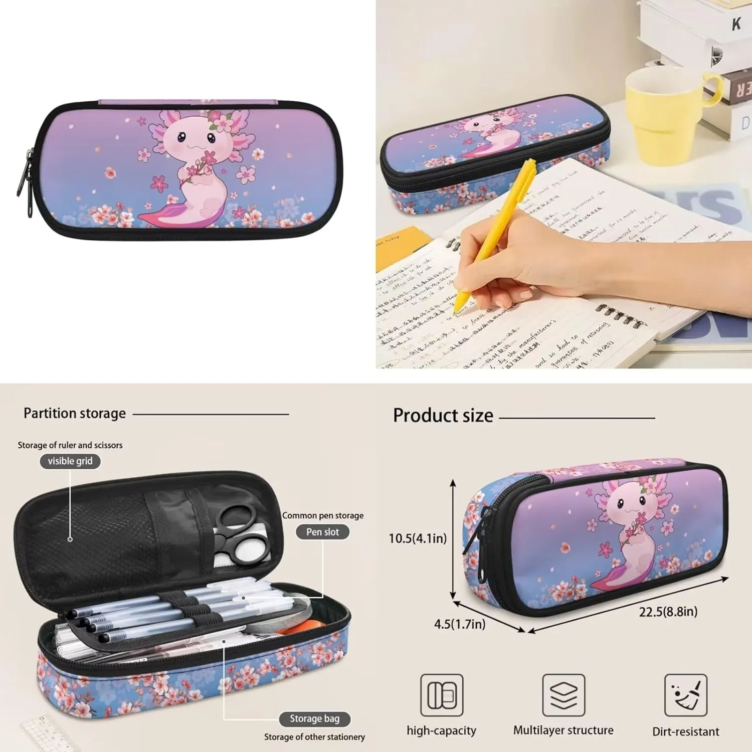 Axolotl Backpack for School Girls 7th Grade 3-in-1 Schoolbag Set with Lunch Box Pencil Case 12-14 Kids Middle School Large Book Bags Student Hiking Camping Backpacks Daypack