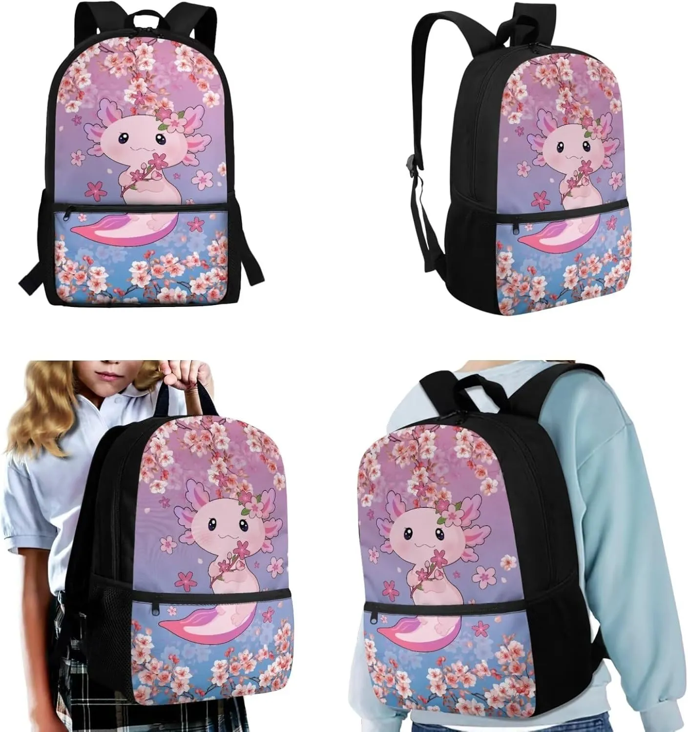 Axolotl Backpack for School Girls 7th Grade 3-in-1 Schoolbag Set with Lunch Box Pencil Case 12-14 Kids Middle School Large Book Bags Student Hiking Camping Backpacks Daypack
