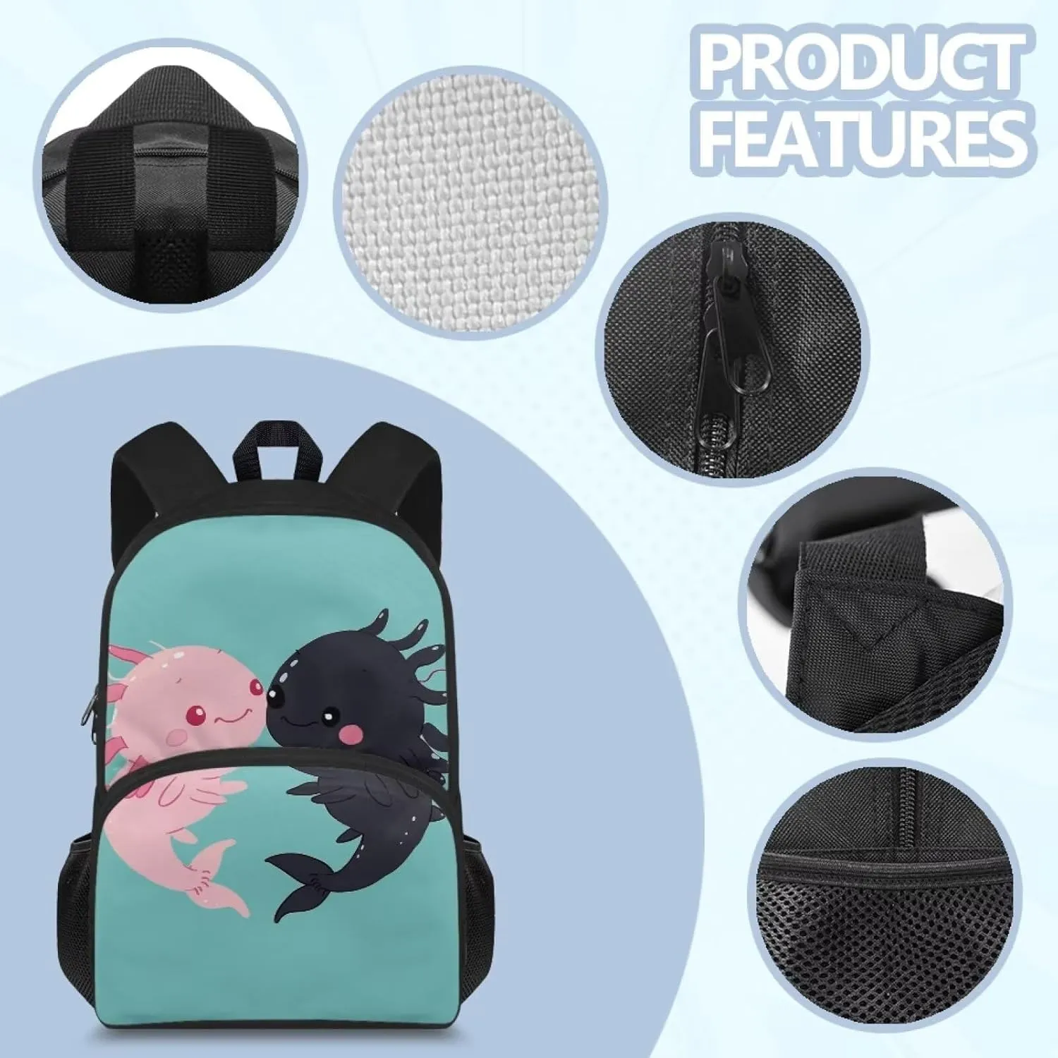Axolotl Backpack Large Capacity Bookbag for Middle School Girls Cute School Bag Blue Book Bags for Kids 8-12, 15'' School Bags with Water Bottle Holder