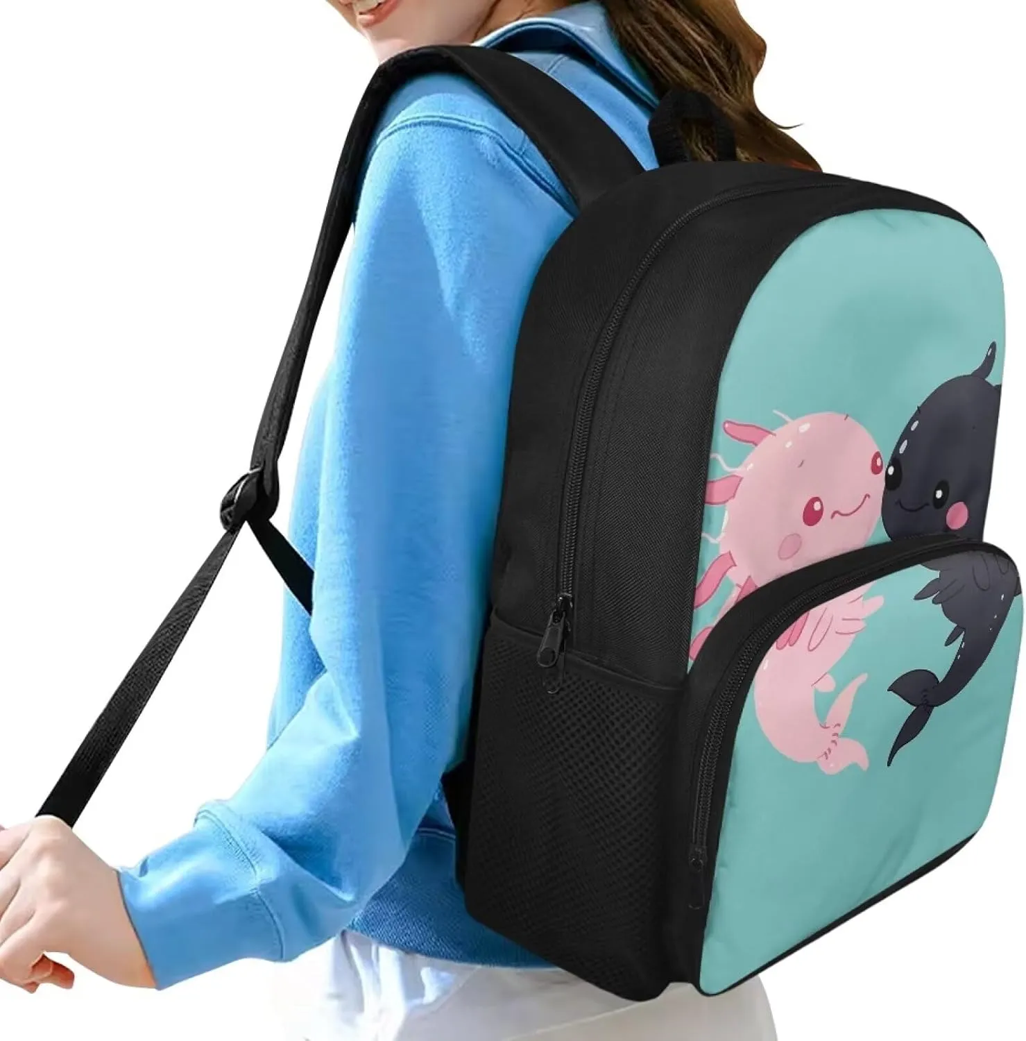 Axolotl Backpack Large Capacity Bookbag for Middle School Girls Cute School Bag Blue Book Bags for Kids 8-12, 15'' School Bags with Water Bottle Holder
