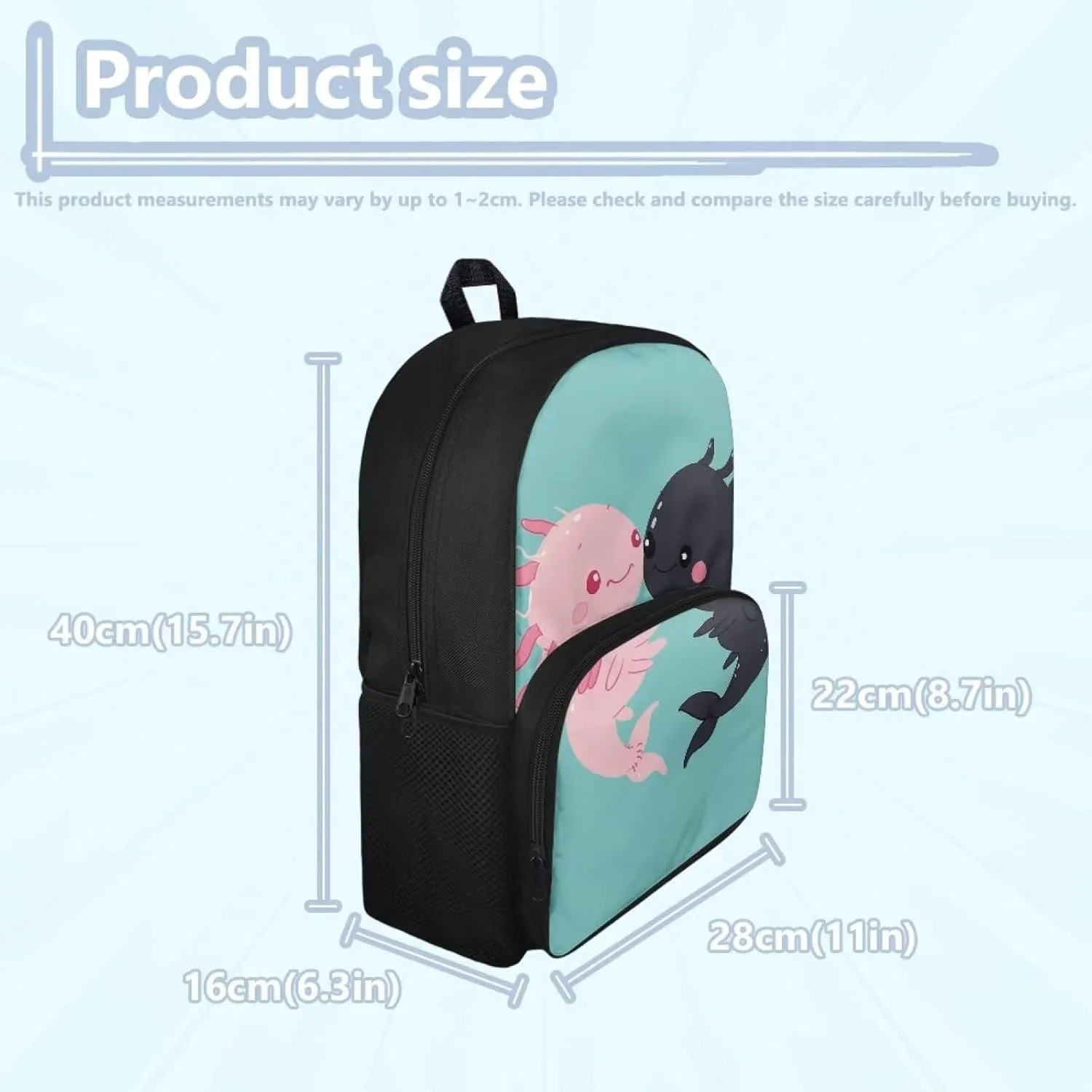 Axolotl Backpack Large Capacity Bookbag for Middle School Girls Cute School Bag Blue Book Bags for Kids 8-12, 15'' School Bags with Water Bottle Holder
