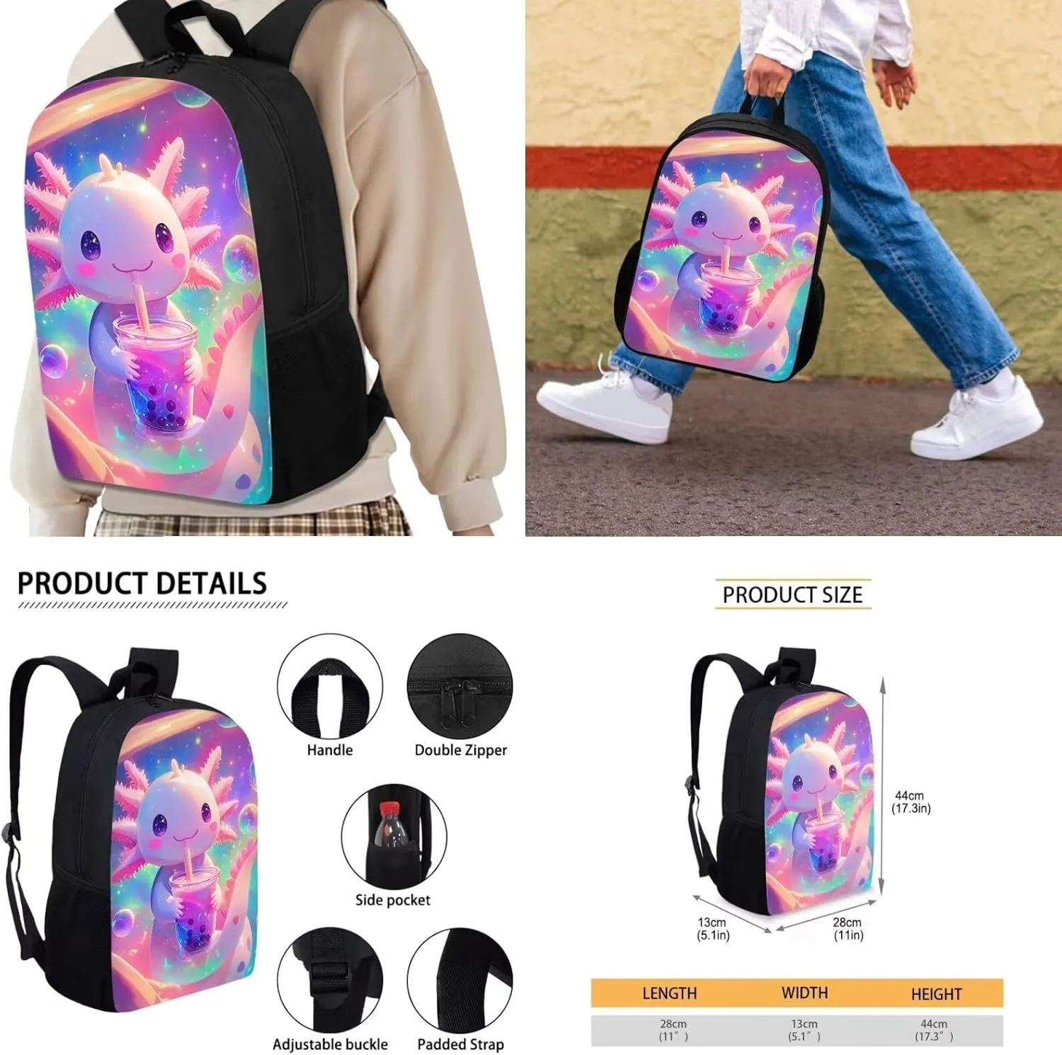 Axolotl Backpack Purse for Girls 8-10 Salamander School Bookbag Set Pencil Case Cute Backpack with Lunch Box for Teen Girls Middle School